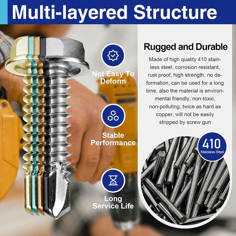 Usdrwam 50Pcs #10×1" Self Tapping Screws for Metal, 410 Stainless Steel Hex Washer Head Sheet Metal Screw - Image 5